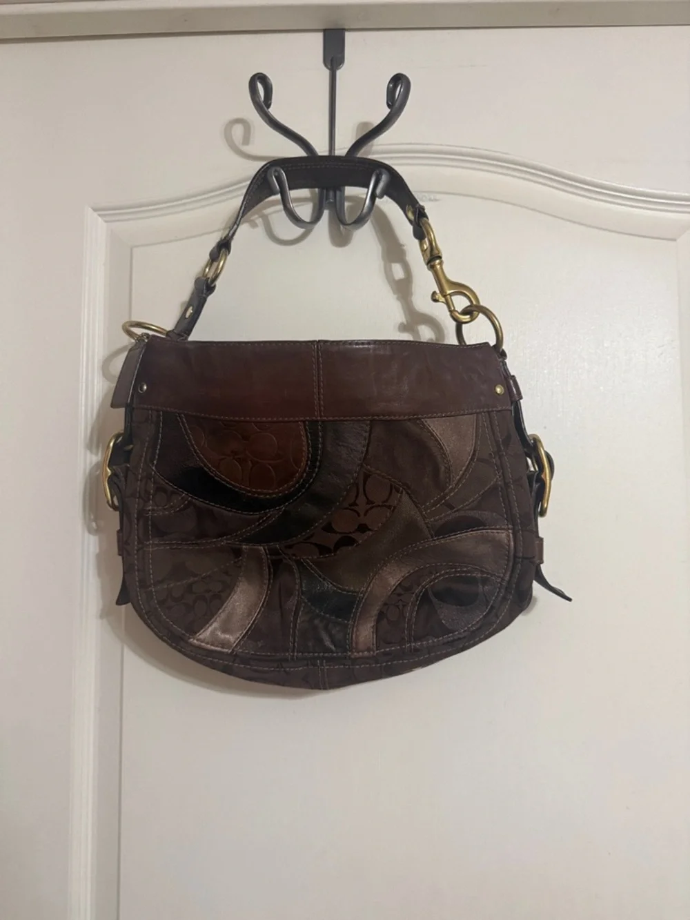Coach Patchwork Shoulder Bag in Dark Brown and Brown - Picture 2 of 4